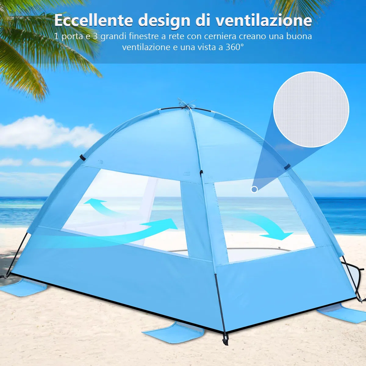 Tenda da Spiaggia e Campeggio, Tenda da Sole UV50+ Pieghevole e Impermeabile, Portatile con Massima Ventilazione e Finestre a Rete, Rifugio Stabile per Bambini e Famiglia