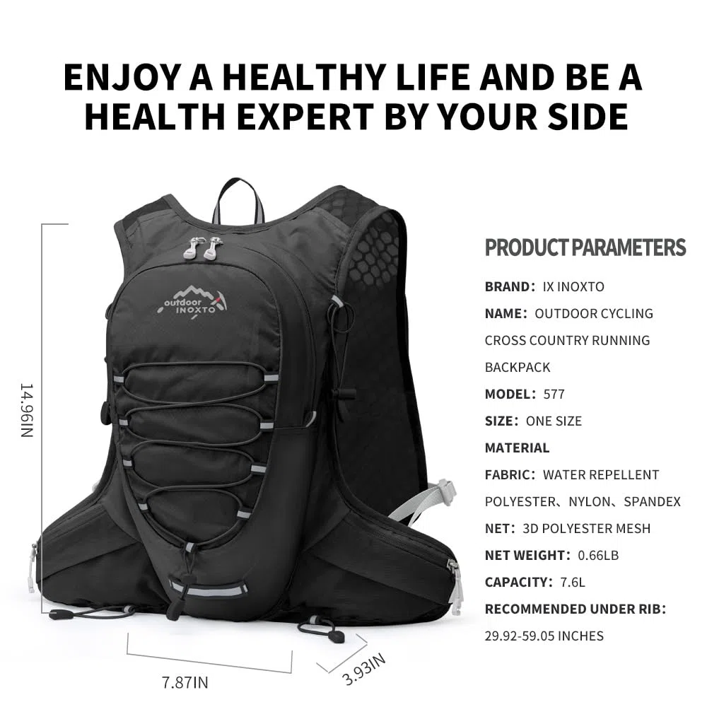 IX INOXTO Gilet idrico da corsa per uomo e donna, zaino per corsa, 3 l, per corsa, corsa, trail running, maratona, corsa, escursionismo (nero bianco)