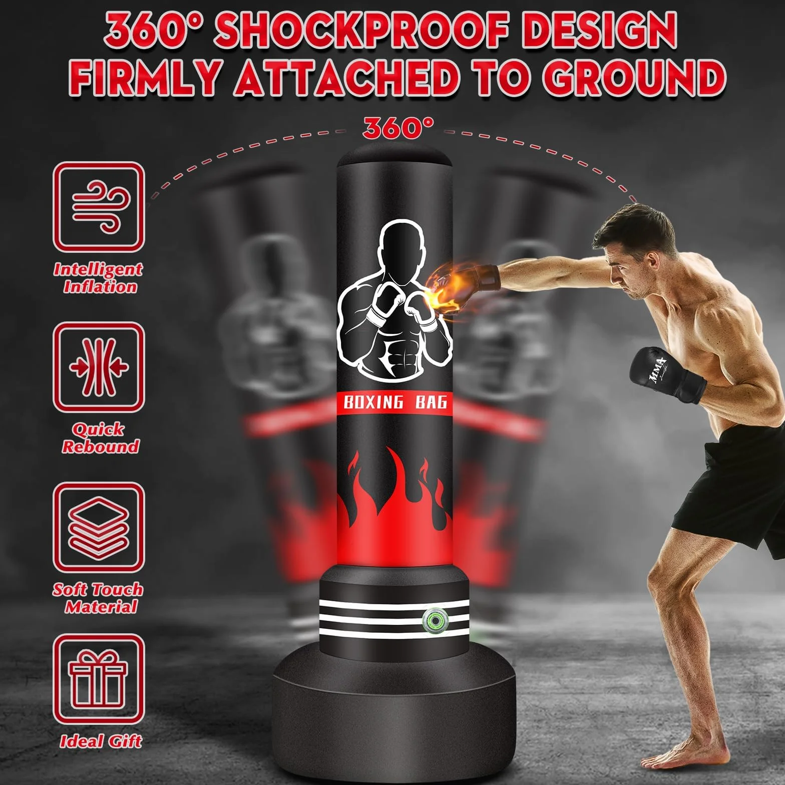 Sacco da boxe da 180 cm, pesante, autoportante, per adulti, gonfiabile, kickboxing, per allenamento, MMA, Muay Thai