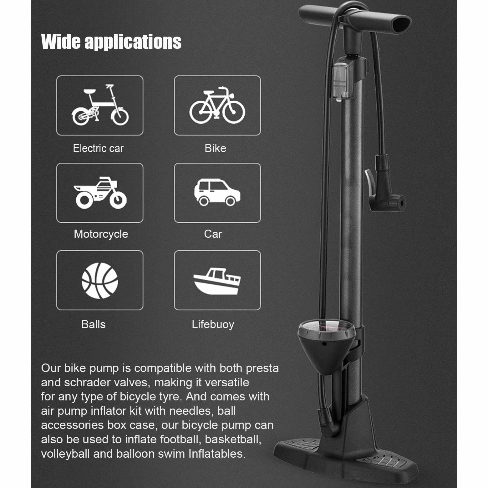 Pompa per Bici da Pavimento con Manometro - Adatto Ai Tipi di Valvole Schrader e Presta - Pompe Ad Aria Portatili per Pneumatici, Palloni, Palloncini, Gonfiabili per Mountain Bike da Strada