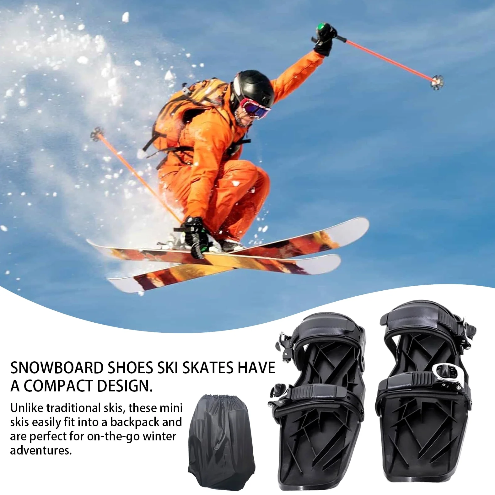Sci corti, pattini da neve antiscivolo, strumenti da sci leggeri e | regolabili, da sci compatti in nylon e acciaio , con fibbia in metallo e borsa per il trasporto, per adulti, ba