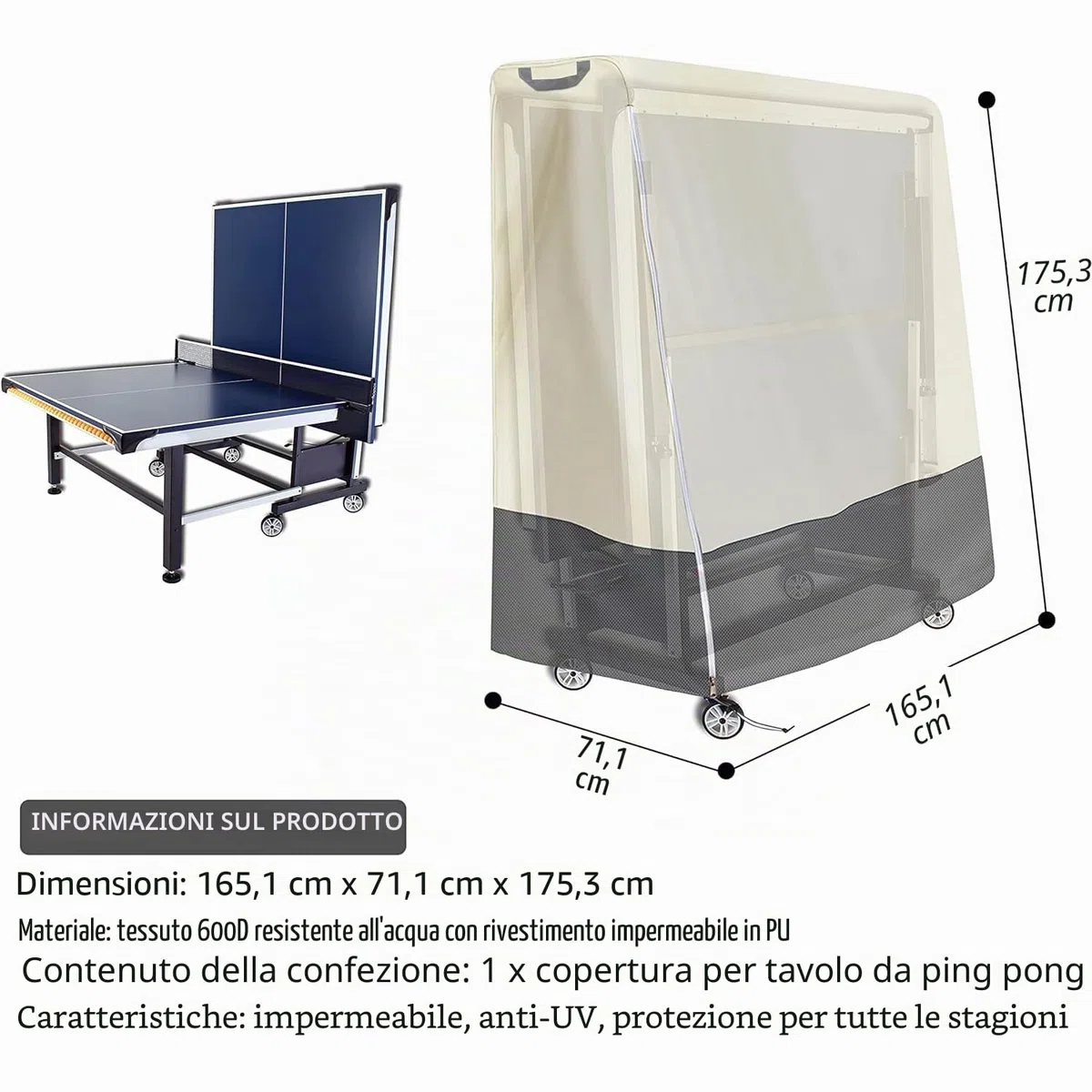 Tavolo Ping Pong Copertura, Copri Tavolo Ping Pong Tavolo da Ping Pong Copertura Impermeabile Interno Copertura per Tavolo da Ping Pong （165 x 71 x 175 cm ）