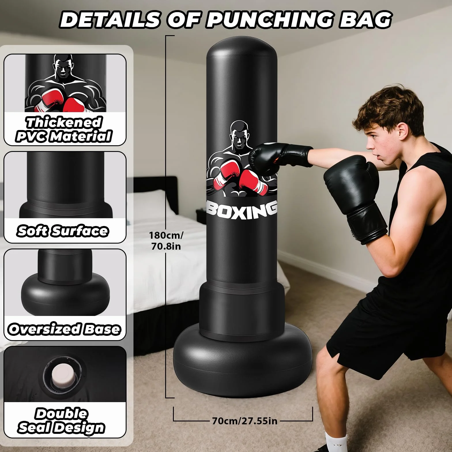Sacco da Boxe da Terra,180cm Sacco da Boxe per Adulti Gonfiabile con Guantoni e Pompa, Gonfiabile Pungiball Bambini per Kickboxing, Karate, Boxing Bag da Casa e Ufficio