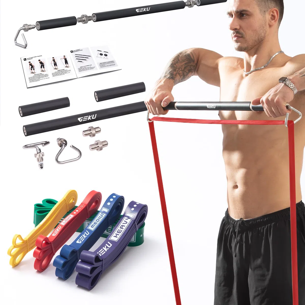 Barra per fascia di resistenza, barra per allenamento con fascia di resistenza, lunghezza regolabile, staccabile, resistente, per allenamento muscolare, allenamento a casa e all'aperto, carico massimo