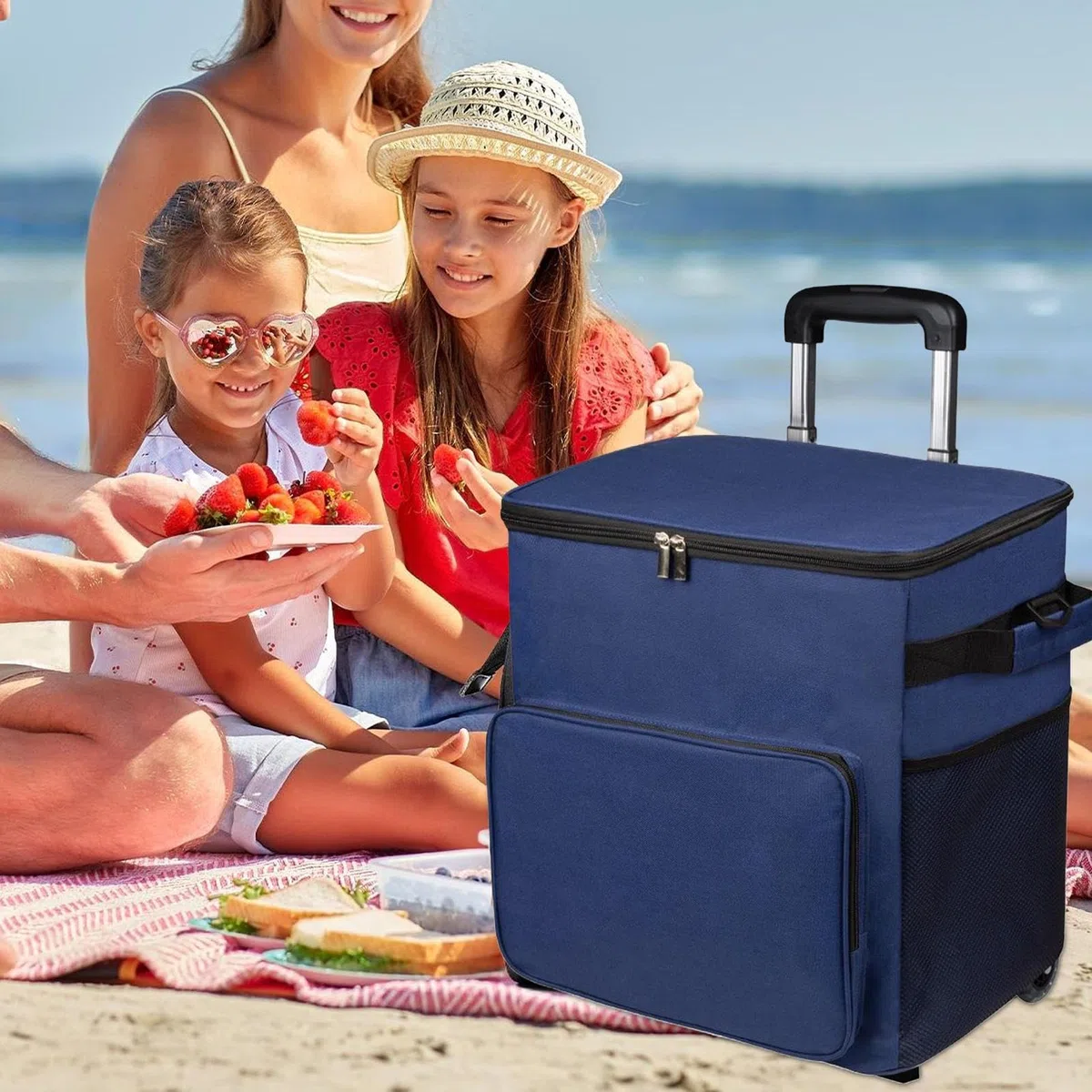 Borsa termica con ruote, 35 l, con ruote, con maniglia, a prova di perdite, per viaggi, picnic, spiaggia, campeggio, barbecue all'aperto, patio, viaggi su strada, trasporto alimentare natalizio