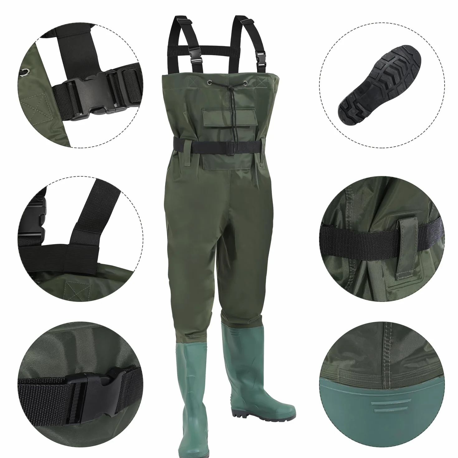 waders, waders impermeabili 70D nylon composito PVC pantaloni da pesca, con stivali in gomma antiscivolo, pantaloni da bacino, adatti per cantieri, pesca, fattorie
