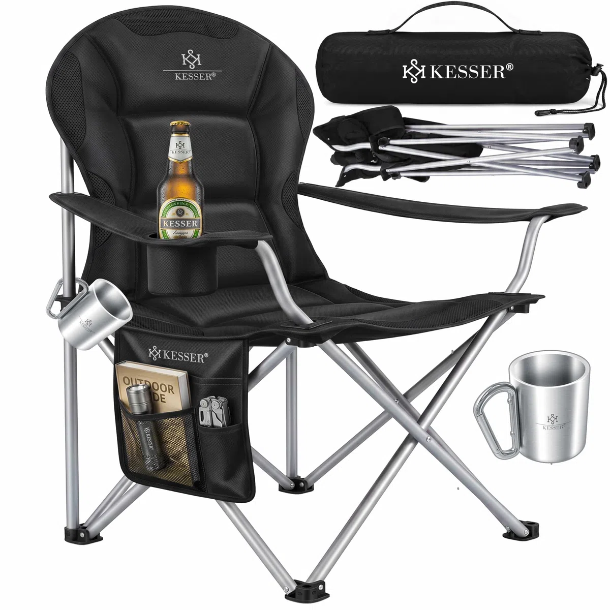 KESSER Sedia da campeggio pieghevole fino a 150 kg, sedia pieghevole imbottita con braccioli, schienale alto, sedia da spiaggia, sgabello pieghevole con luce da campeggio, porta bevande, borsa e tazza