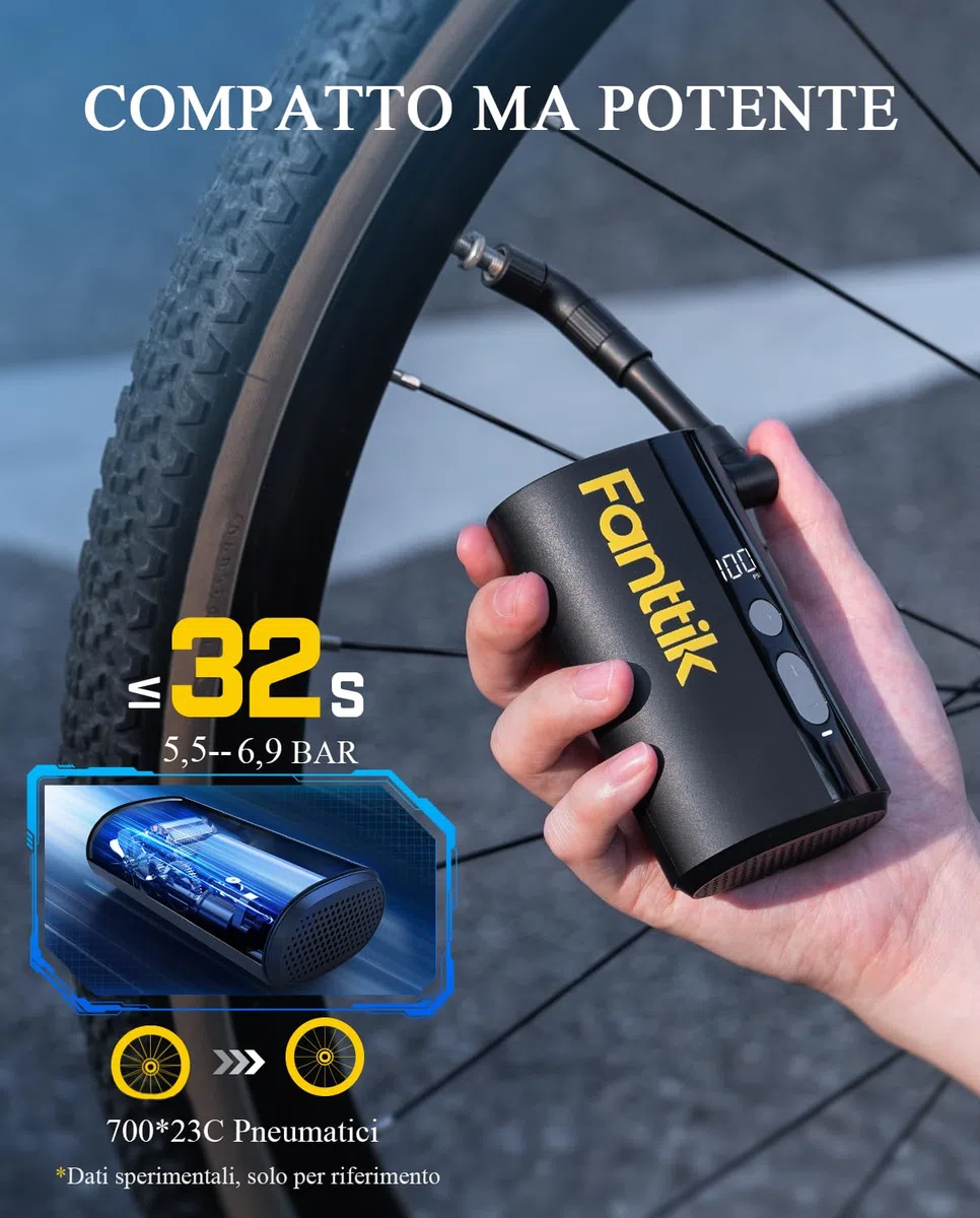 Fanttik X9 Ace Mini Pompa per Bici con Manometro 150PSI, Batteria da 5000mAh Pompa ad Aria Elettrica con Valvola Schrader e Presta per Bici da Strada, MTB, Bici elettrica, Bici da città