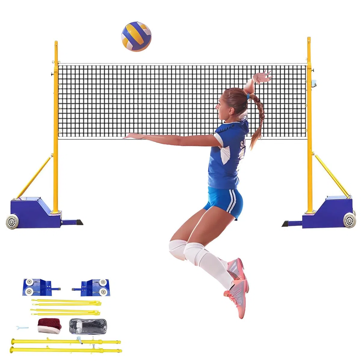 Rete da pallavolo per Esterni, Rete da Badminton per Interni con Ruote, Pali da pallavolo Resistenti per Interni ed Esterni, Altezza Regolabile da 5 Piedi a 6,8 Piedi