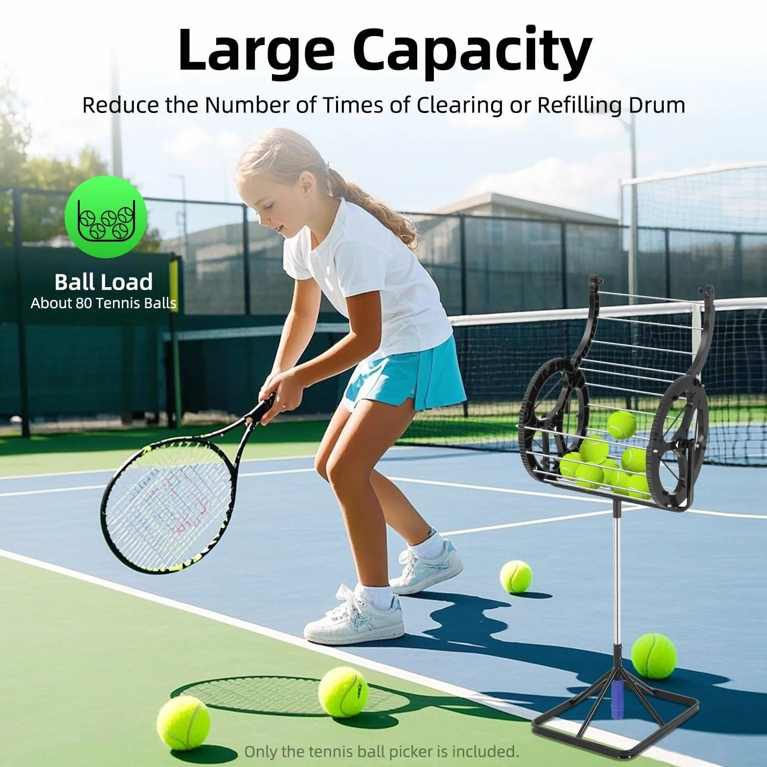 Raccoglitore automatico per palline da tennis, capacità 80 palline, cestino da raccolta 2 in 1 con altezza regolabile, raccogli palline con manico, tramoggia portatile per campo