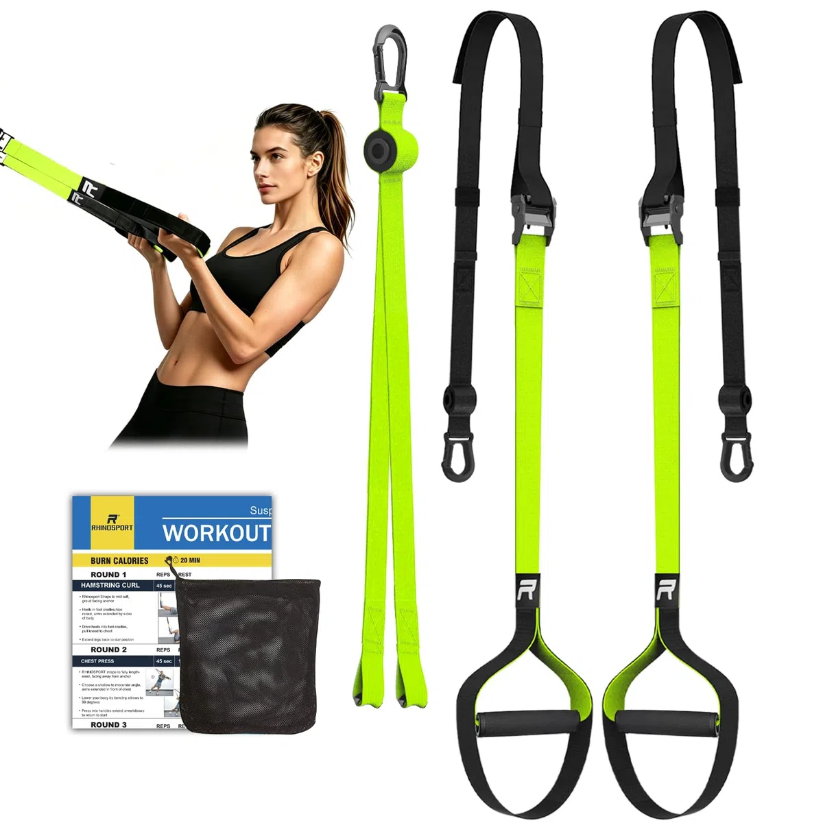 RHINOSPORT Allenamento Sospensione Sling Trainer Set per Allenamento con Sistema di Ancoraggio per Porta, Regolabile, per Fitness, a casa, in Viaggio e per l'allenamento in Interni ed Esterni