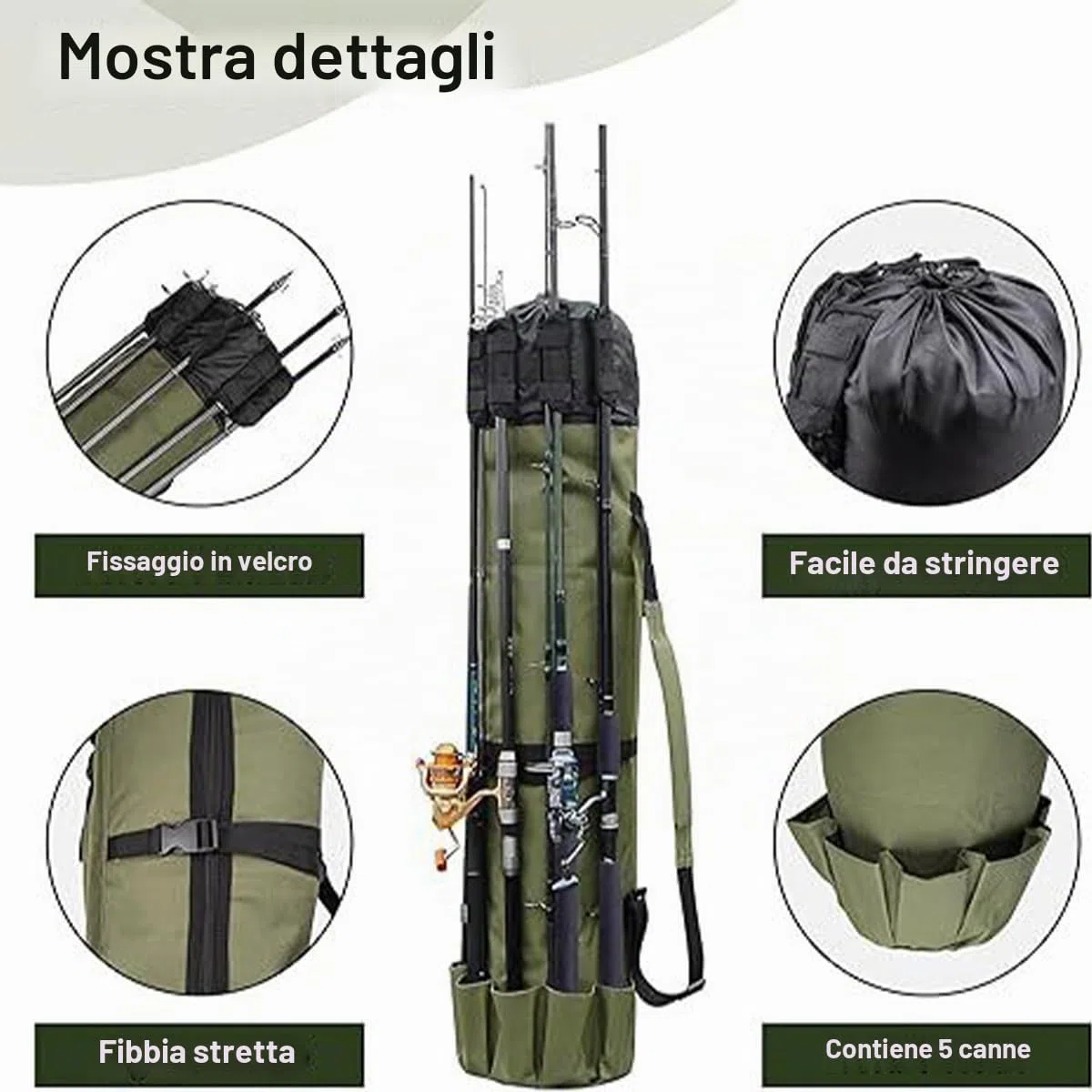 Sarini Borsa per Canna da Pesca Borsa da Trasporto per Attrezzatura da Pesca Portatile all'aperto Borsa per Attrezzi da Pesca con 5 portacanne