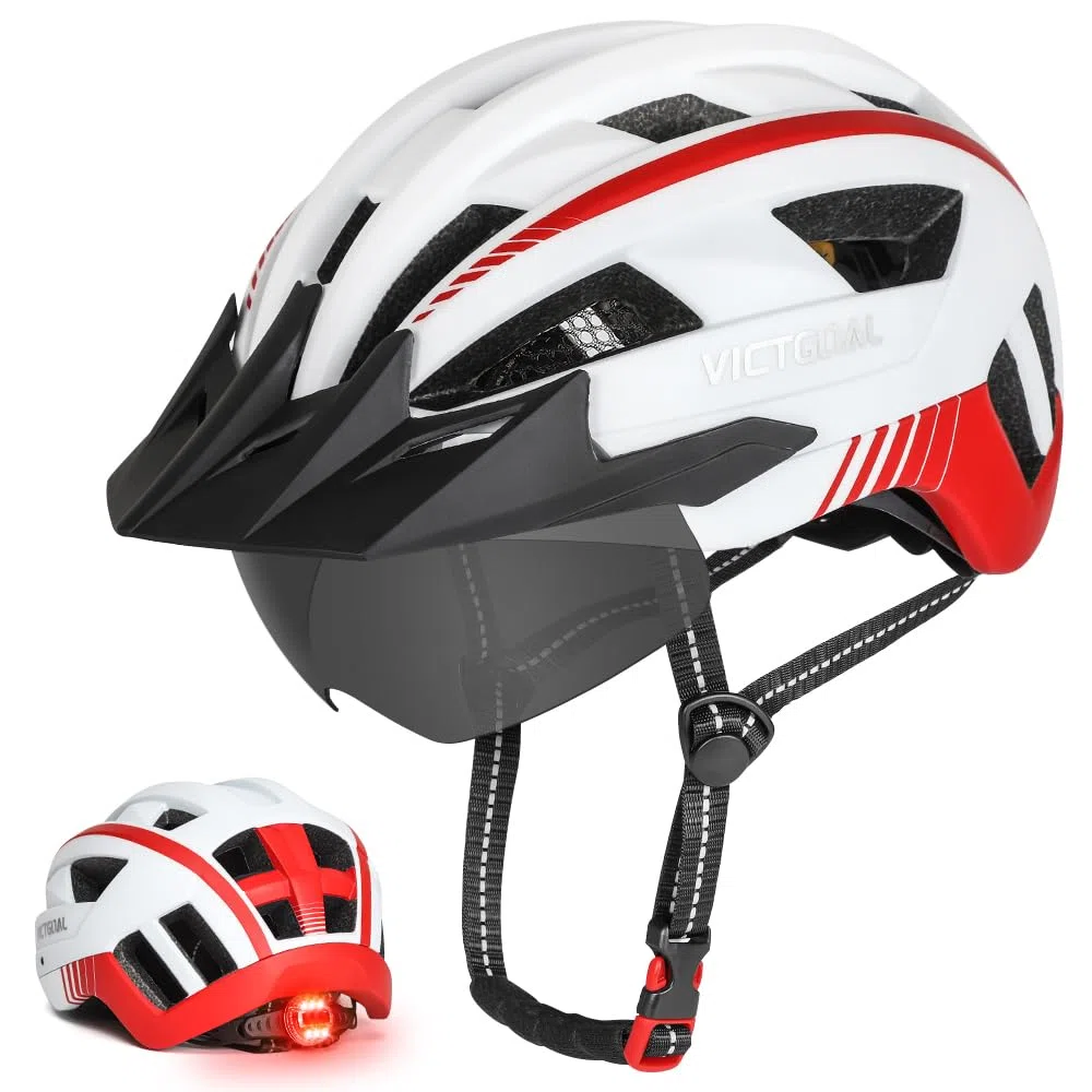 Victgoal, casco da bici per uomo e donna, con luce a LED, occhialini magnetici staccabili, visiera parasole rimovibile, casco da bicicletta da strada e montagna, misura regolabile, unisex, bianco
