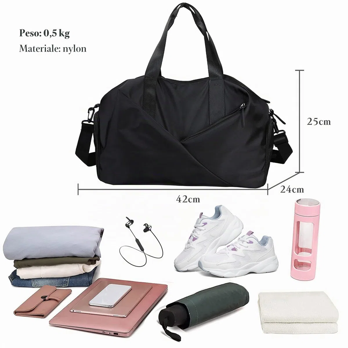 CORIOS Borsone da Viaggio Uomo/Donna Borsa Sportiva Borsone Palestra Grande Weekender Pernottamento Piscina Palestra Bagaglio a Mano con Scomparto Scarpe & Tasca di Separazione Bagnata e Asciutta Nero