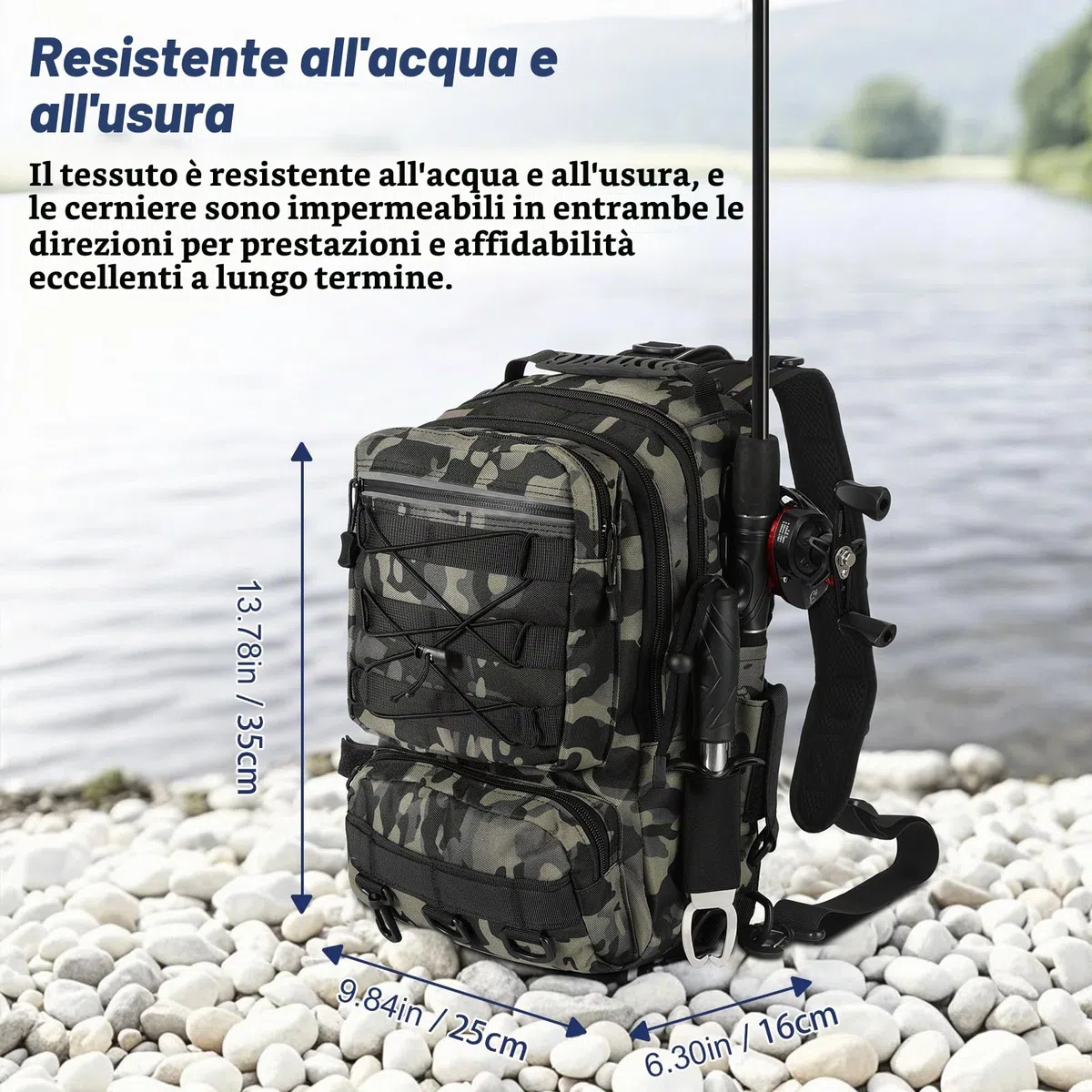 MoKo Zaino da pesca impermeabile con portacanne, verde mimetico | Borsa da pesca in nylon con 3 tasche, supporto per 2 canne e spallacci regolabili per campeggio ed escursionismo.