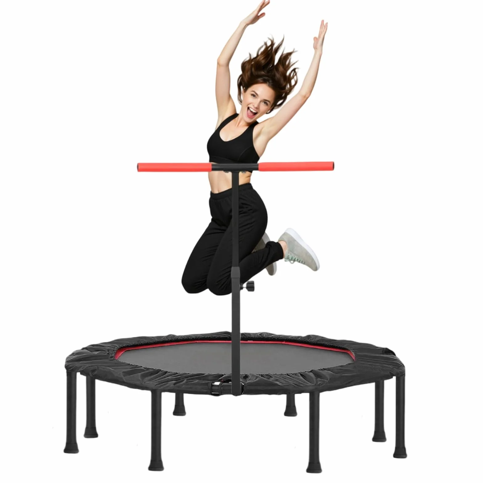 LIFERUN Mini trampolino elastico da interno per adulti Ø128 cm,Piccolo trampolino elastico da fitness,Jump Rebounder per allenamento,Capacità di carico 150 kg,Maniglie regolabili,Casa,Rosso