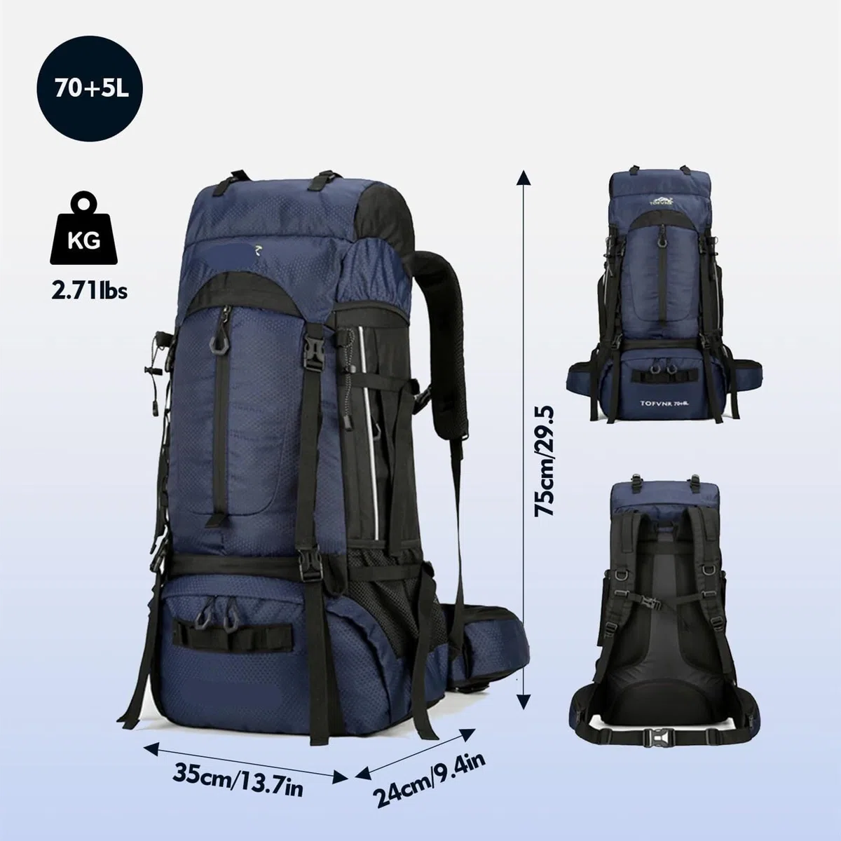 Zaino da Viaggio Sportivo Zaino da Trekking da 75 Litri, Leggero, per Sport all'Aria Aperta, Borsa da Viaggio per Campeggio E Tour per Alpinismo Arrampicata(Dark Blue)