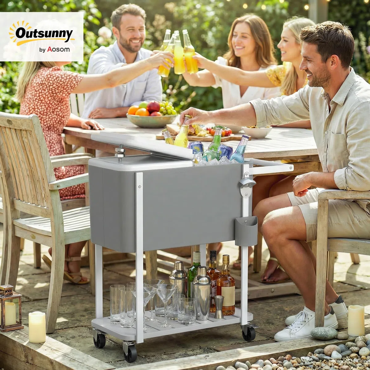Outsunny Carrello refrigerante con capacità di 56 l, con ruote, apribottiglie, ripiano inferiore, manico carrello per bevande, refrigeratore, portabicchieri per feste all'aperto e barbecue, grigio