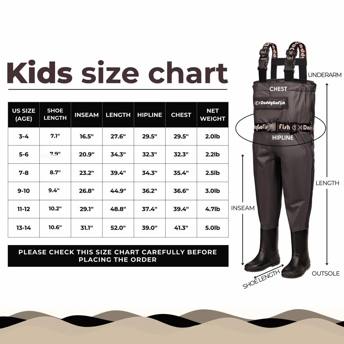 DaddyGoFish Waders bambini e adulti, trampolieri da pesca e da caccia con tasca e gancio per trampolieri
