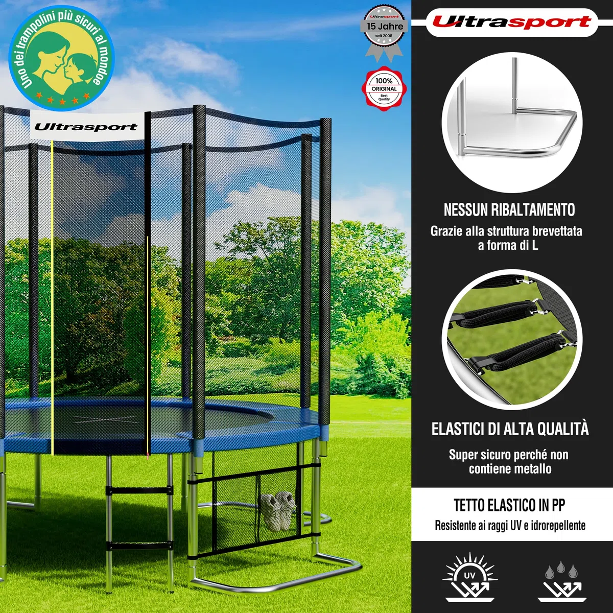 Ultrasport Jumper Trampolino da giardino, set completo trampolino, inclusi tappeto elastico, rete di sicurezza, pali della rete imbottiti e rivestimento dei bordi, Blu, Ø 251 cm