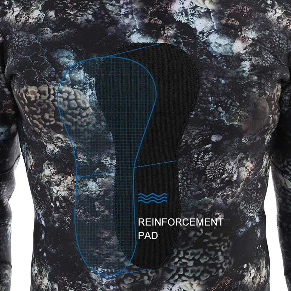 Muta da pesca subacquea in neoprene da 7 mm per uomo, mimetica divisa con cappuccio, imbottitura sul petto per apnea, snorkeling e immersioni in acqua fredda