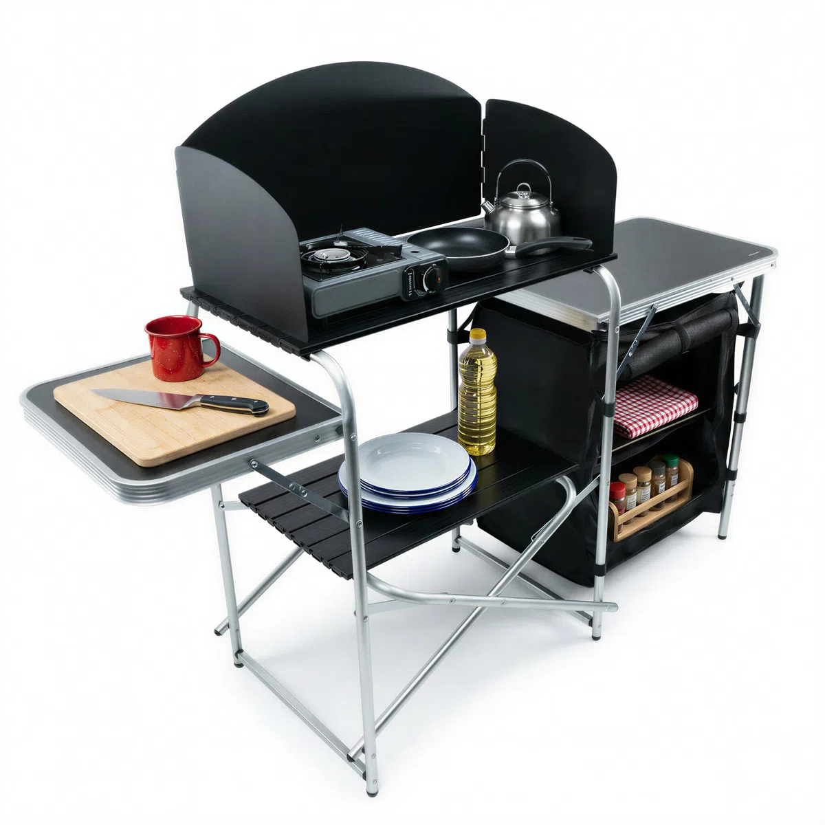 MoverX Cucina da campeggio pieghevole portatile con parabrezza, unità da campeggio pieghevole pop-up, armadio esterno 5 ripiani telaio in alluminio portatile per feste in giardino, picnic, supporta 30