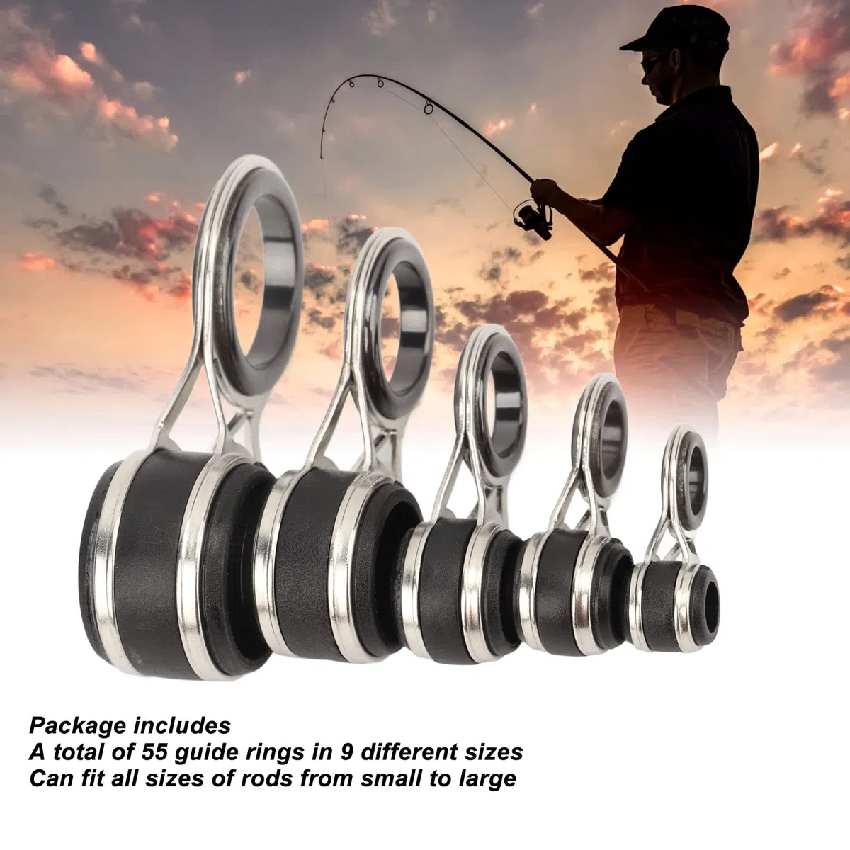 Set di 55 anelli per canna da pesca, in acciaio inox e ceramica, 9 diverse misure, guide per canna da pesca