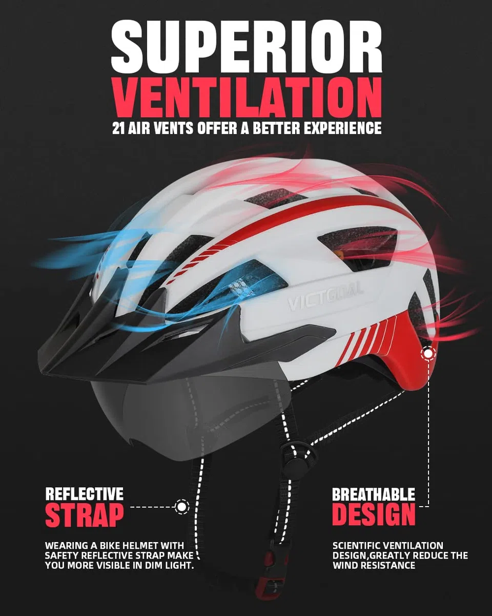 Victgoal, casco da bici per uomo e donna, con luce a LED, occhialini magnetici staccabili, visiera parasole rimovibile, casco da bicicletta da strada e montagna, misura regolabile, unisex, bianco