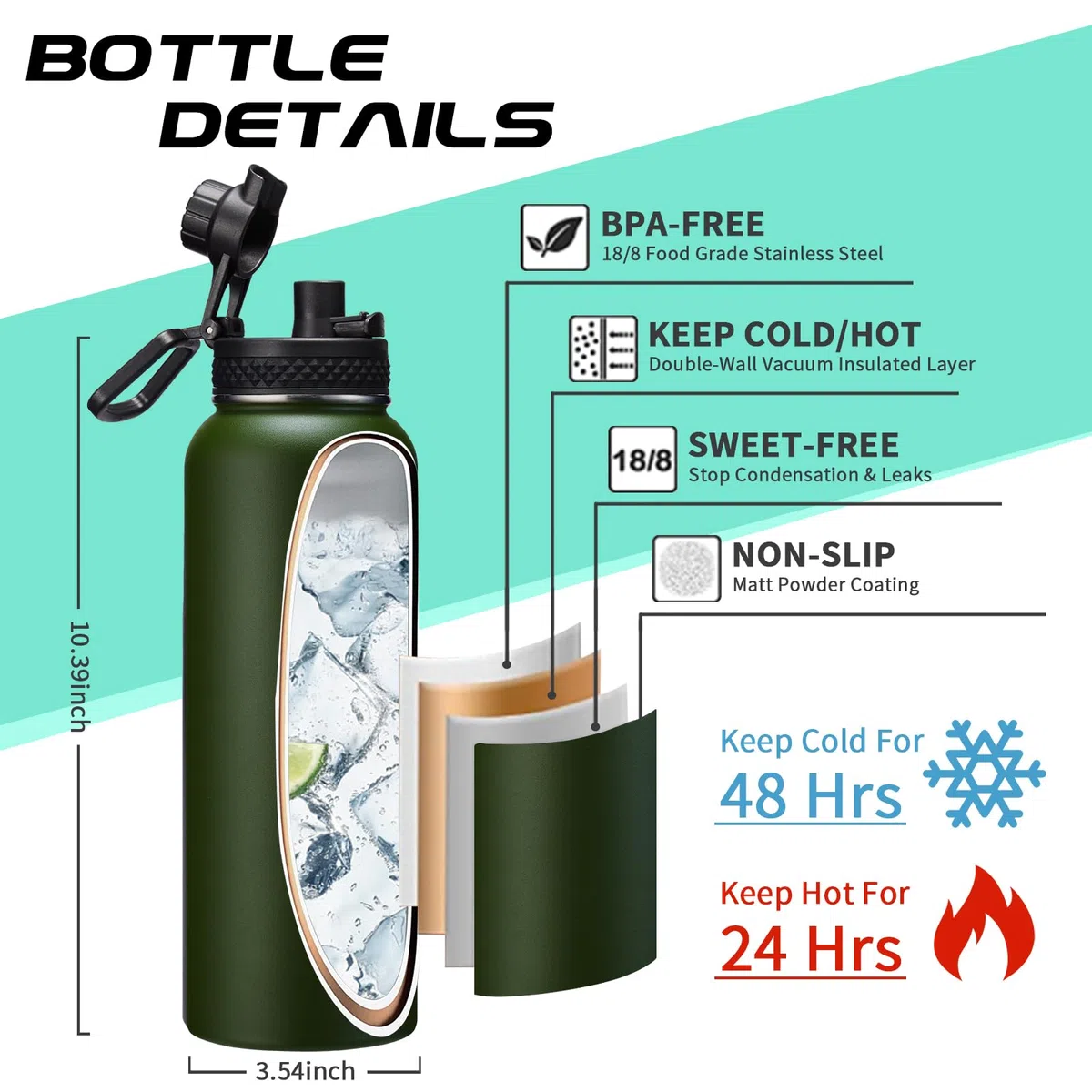 Borraccia termica in acciaio inox da 1180 ml, con isolamento sottovuoto per freddo 48 ore e caldo 24 ore, con cannuccia e coperchio, custodia per il trasporto, manico in paracord e stivale per