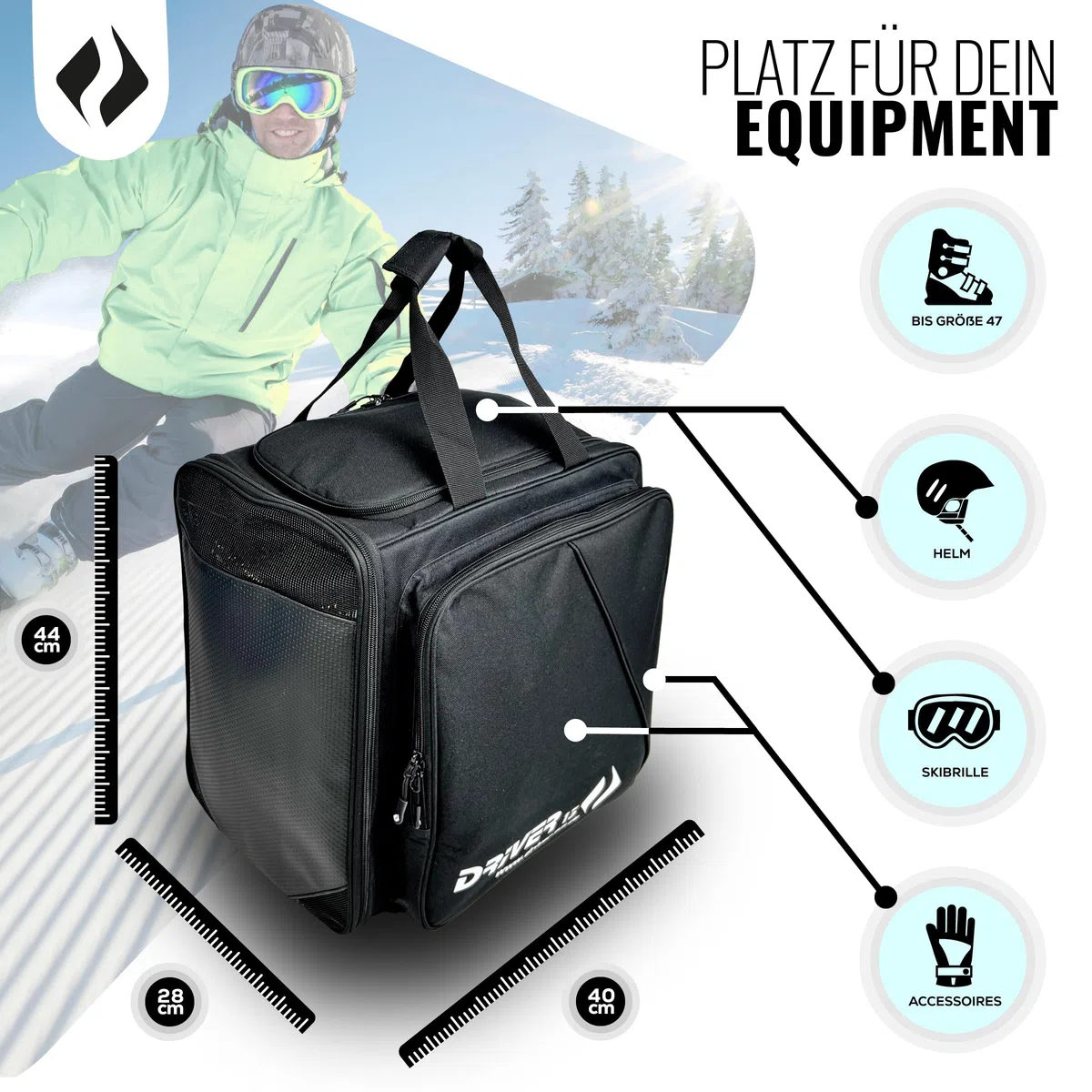 Driver13 Zaino da sci con scomparto per casco, ideale per i tuoi scarponi da sci con scomparto per casco duro + snowboard + pattini in linea + borsa da barca, dal 2007 l'originale con oltre 40.000