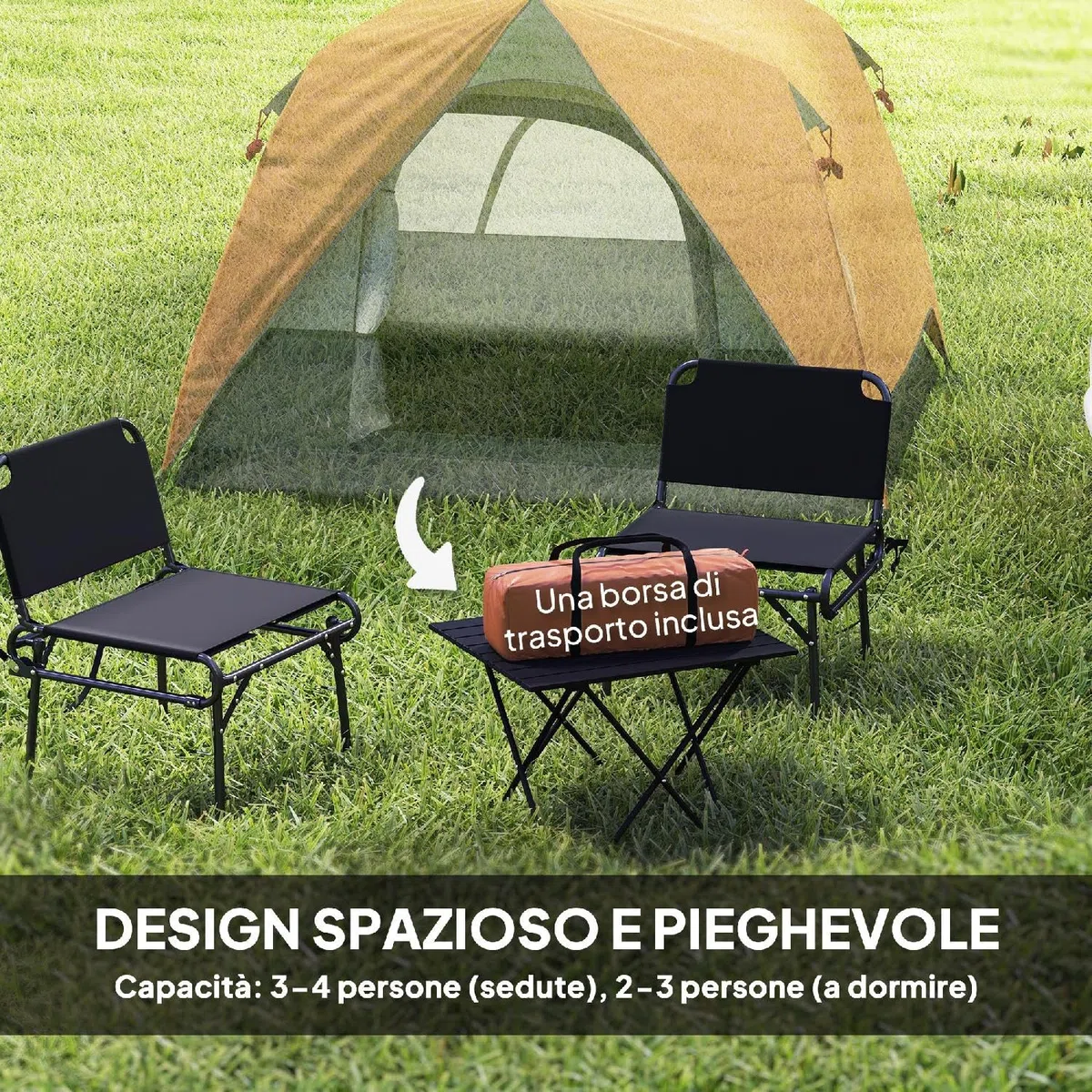 Tenda Campeggio 3 Posti Impermeabile con Tasca Gancio per Lanterna e Borsa 2x2x1.35m Arancione