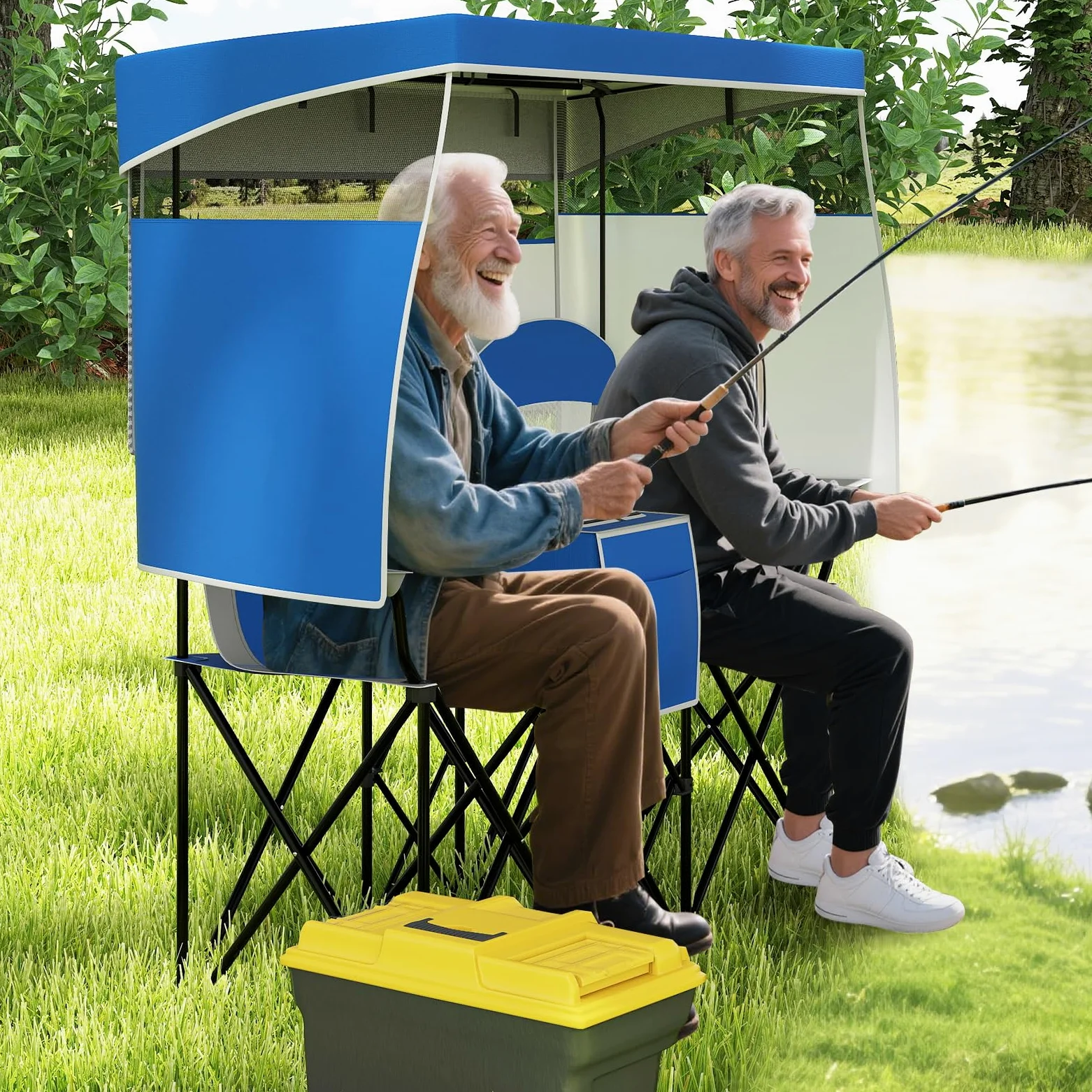 KOMFOTTEU Sedia Pieghevole da Campeggio Doppia, 2 Sedie da Esterno con Tettuccio Regolabile, Sedia da Pesca Portatile per Picnic con Borsa Termica, Portabicchiere, Borsa da Trasporto (Blu Navy)