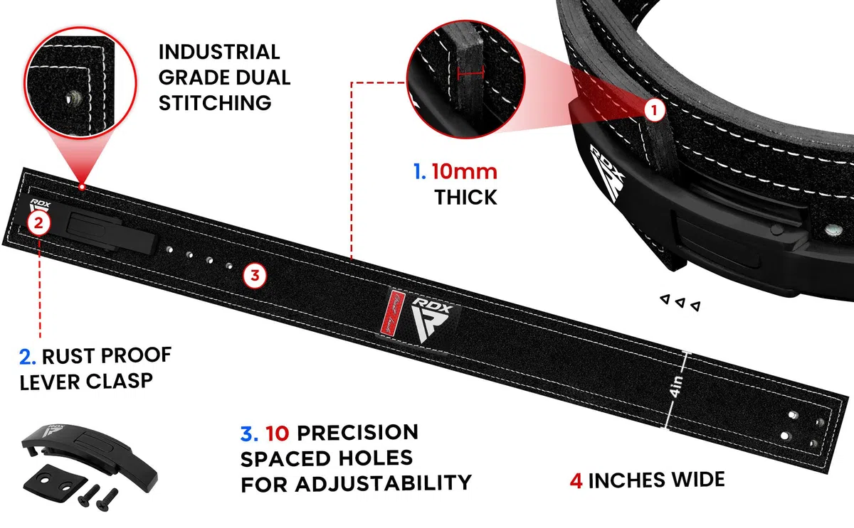 RDX 4” Cintura Palestra Sollevamento Pesi Powerlifting Pelle, 10mm Approvato da IPL USPA, 10 Regolabile Fori, Pesistica Leva Fibbia Belt per Bodybuilding Fitness Gym Allenamento Schiena Sostegno Uomo