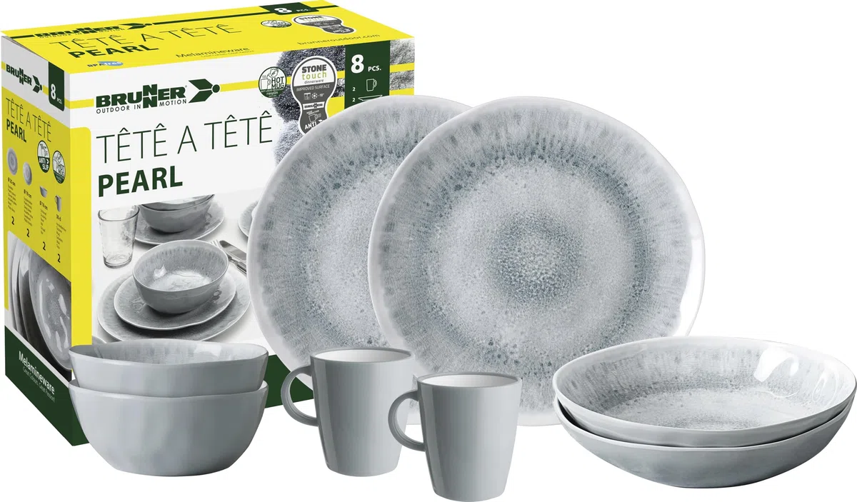Brunner 0830143N.C5X Set Stoviglie da Campeggio per 2 Persone, Tête-À-Tête Pearl, 8 Pezzi