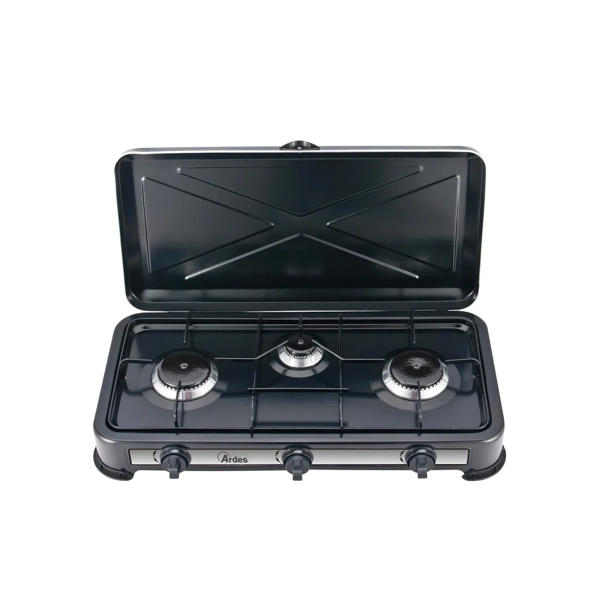 ARDES AR1FG03 Cucina a Gas Butano Portatile – 3 Fuochi – Potenza Totale 2,9 kW – Griglia Removibile – Coperchio di Trasporto – Fornello Camping Gas GPL per Esterno
