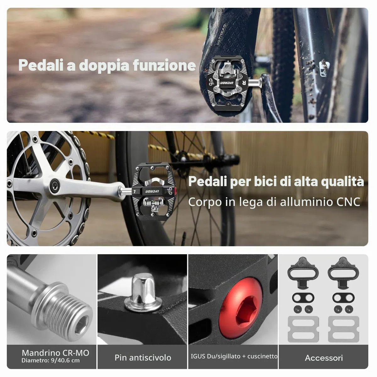 LYCAON Pedale per bicicletta da ciclismo - Pedale a piattaforma per mountain bike a doppia funzione, piatto e senza clip, in alluminio lavorato a CNC, 3 cuscinetti sigillati, compatibile con SPD