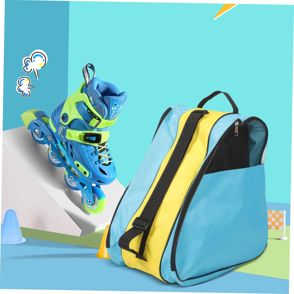 UPKOCH Borsa Porta Pattini a Rotelle Zip, Zaino per Scarpe da Pattinaggio | Nylon, Blu e Giallo, Rete Parziale, Tracolla Singola, per Conservazione e Trasporto