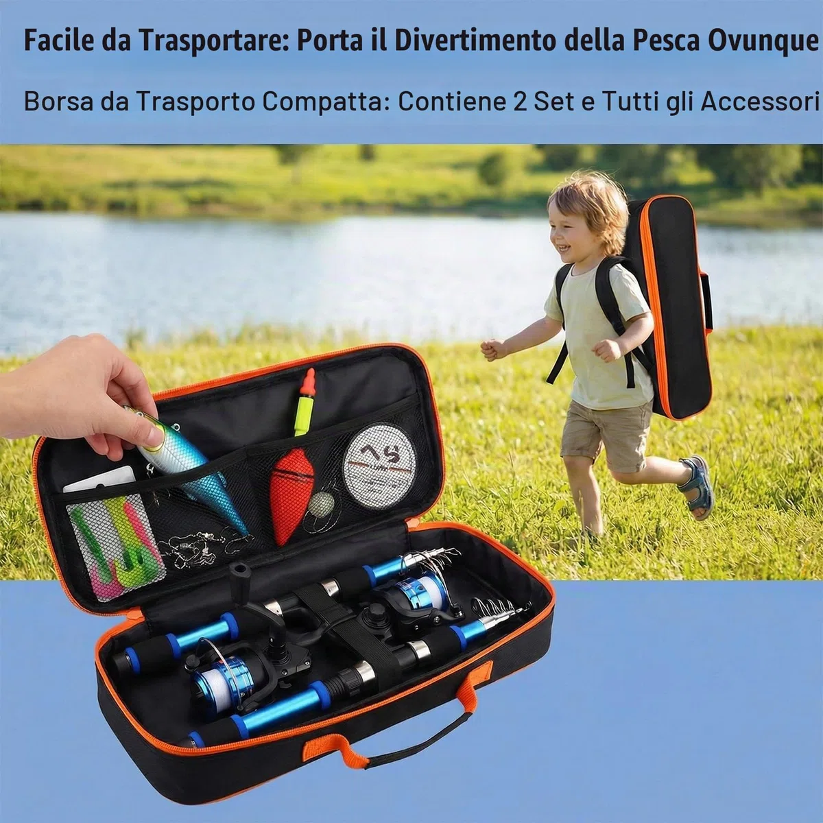 Set di 2 accessori da pesca, telescopico, canna da pesca, 1,8 m, con rotolo, esca, grande galleggiante, campana, borsa per il trasporto
