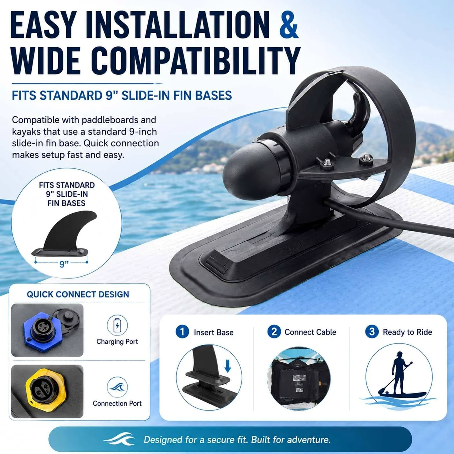 Motore Elettrico a Pinna per SUP, Propulsore Subacqueo a 12V per Kayak e Paddle Board, Kit con Batteria, Telecomando e Borsa 288W