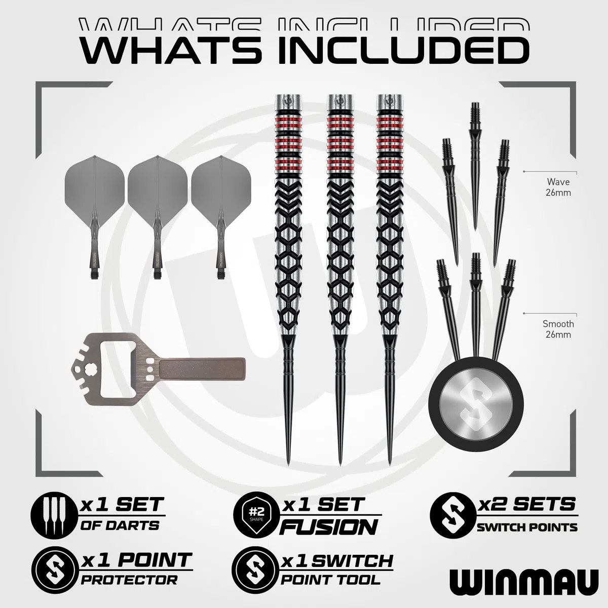 WINMAU Darts-Fornax – Set di freccette professionali al 90% in tungsteno, tecnologia Switch Point, fusti paralleli neri e rossi, 2 punti intercambiabili (onda e liscia), sistema di cambio rapido |