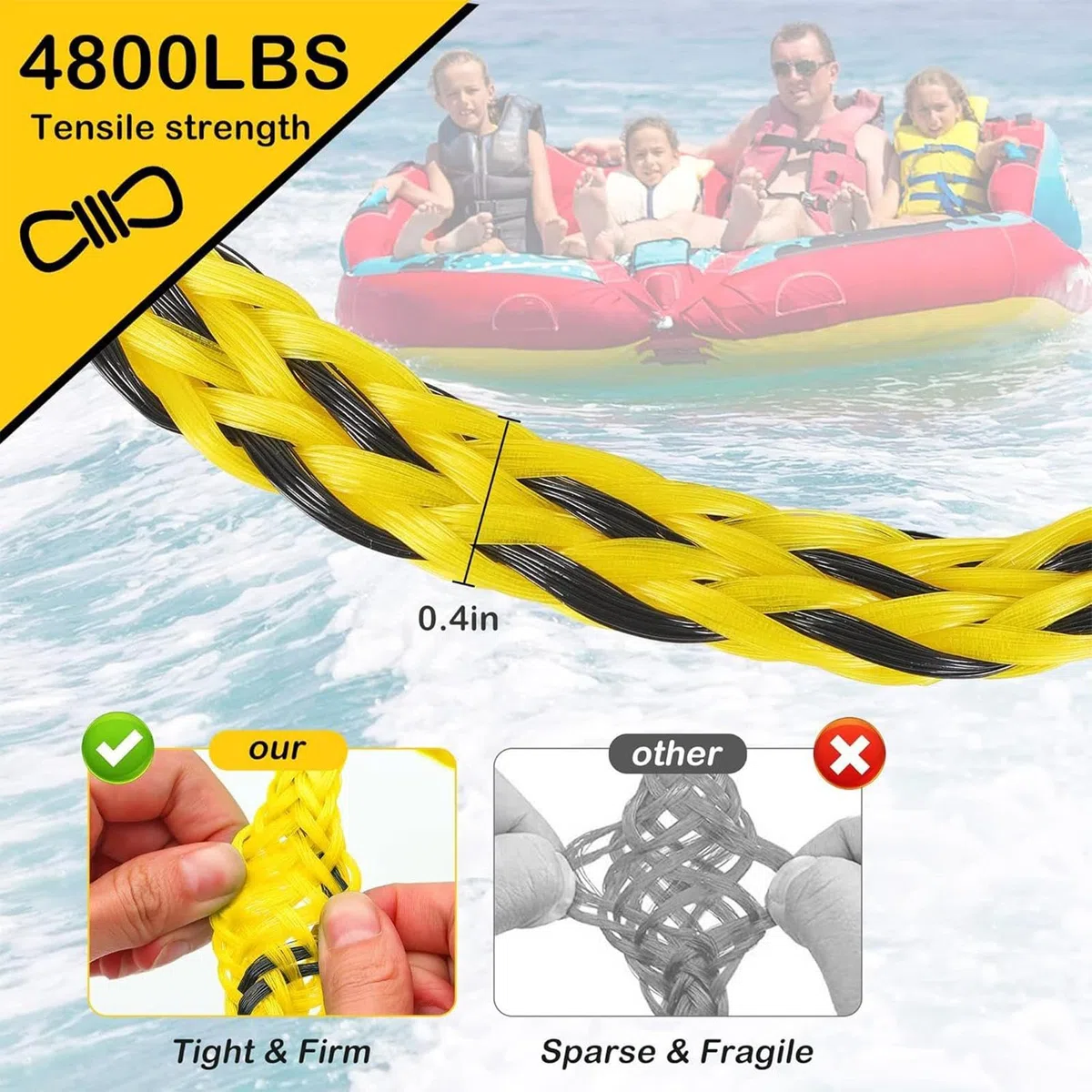 Imbracatura di traino per sci d'acqua, corda per connettore rapido per barca, 300 x 8 x 8 cm, tubo trainabile per sport e tiro, 4 piloti principianti appassionati adulti rimorchiabili attrezzature