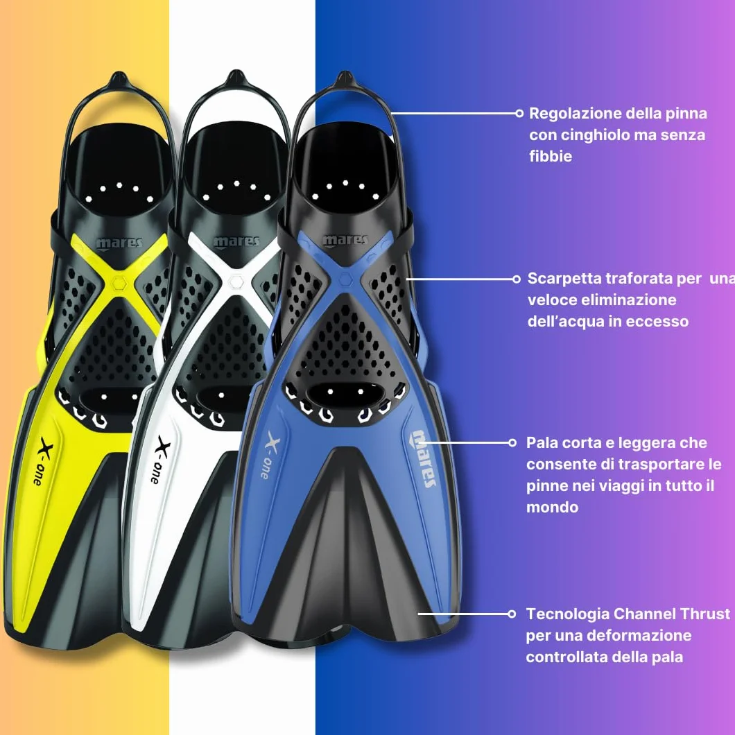 Mares X-One - Pinne snorkeling corte e leggere, scarpetta aperta forata, tecnologia Channel Thrust, ideali per viaggi e immersioni tropicali, 35/38