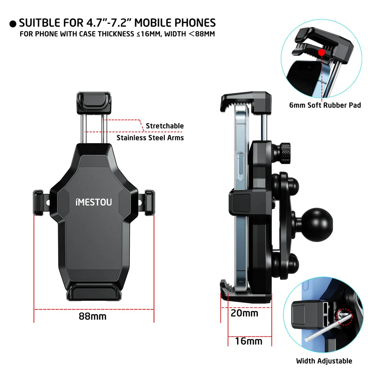 iMESTOU Supporto per Telefono per Forcella da Moto, Anti-vibrazione, con 2,5 cm/1" Doppio Braccio Antifurto e Base per Forcella, Adatto per BMW Yamaha Moto, Adatto per Cellulari da 4,7"-7,2"