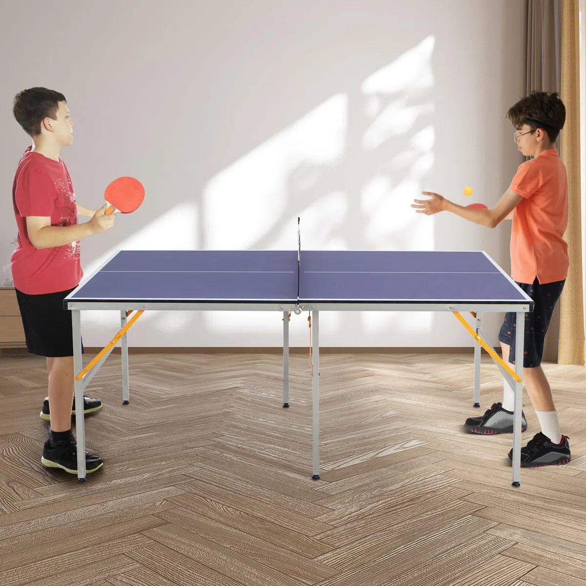 GYMAX Set Tavolo da Ping Pong Completo, Gioco da Ping Pong Pieghevole con Rete, 2 Racchette, 3 Palline, Maniglia Portatile, Tavolo da Ping Pong da Interni ed Esterni, Blu