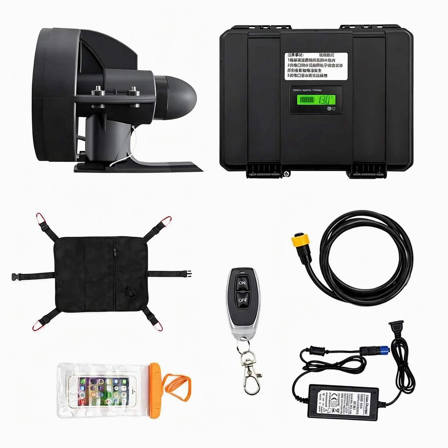 Motore Elettrico a Pinna per SUP, Propulsore Subacqueo a 12V per Kayak e Paddle Board, Kit con Batteria, Telecomando e Borsa 288W