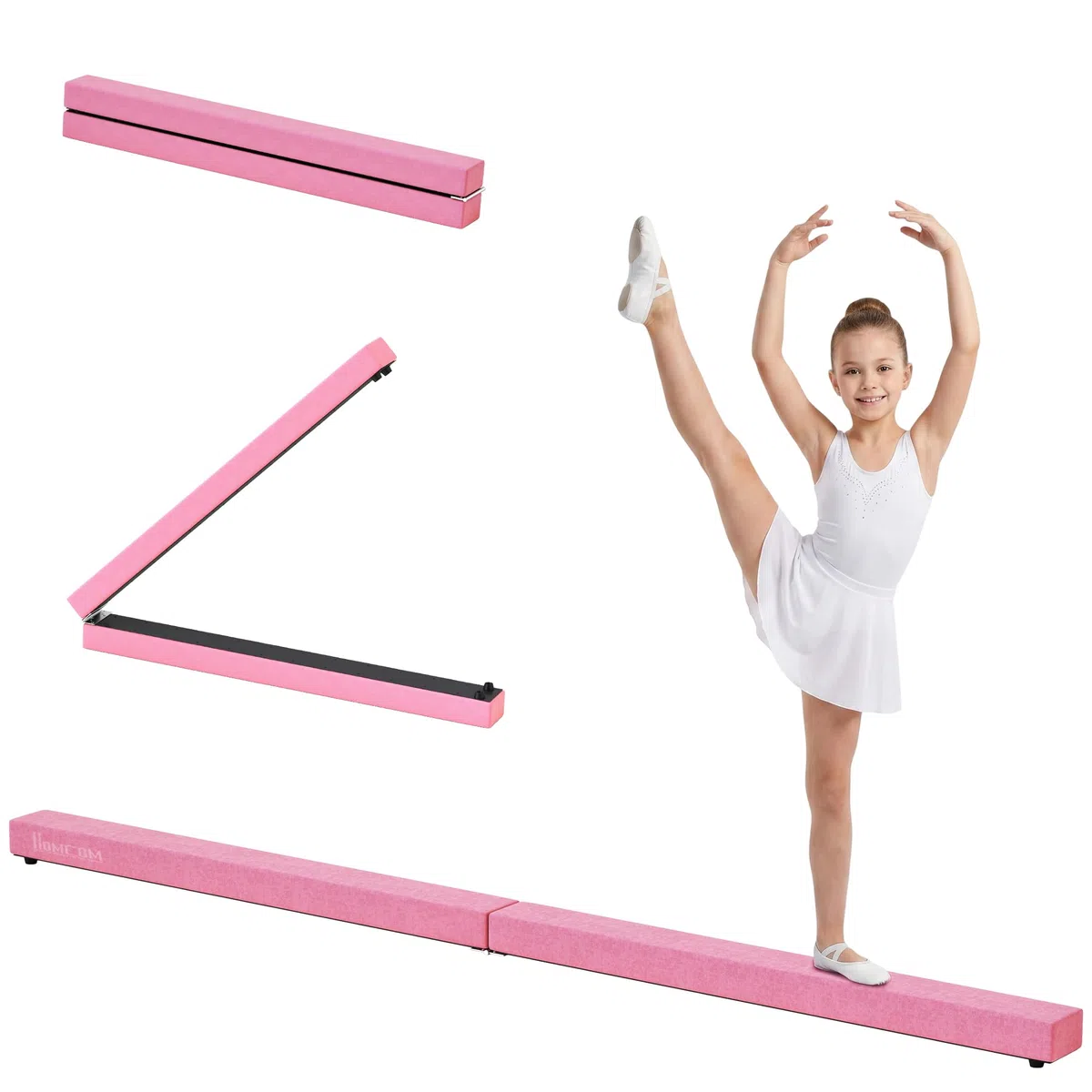 HOMCOM Trave da Ginnastica Equilibrio Allenamento Pieghevole Casa Legno 210 × 10 × 6.5cm Rosa