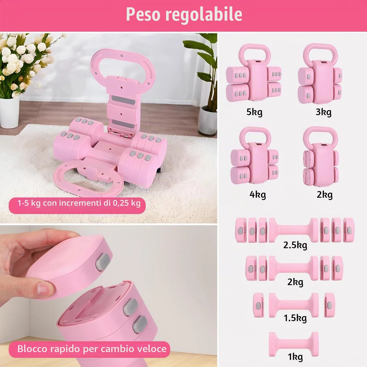 Set Kettlebell Regolabile, Pesetti Manubri Palestra per Donne, (2 in 1) Rosa Kettlebell Pesi Regolabili Manubri 1 kg per Donne – Kit Palestra Casa e Allenamento