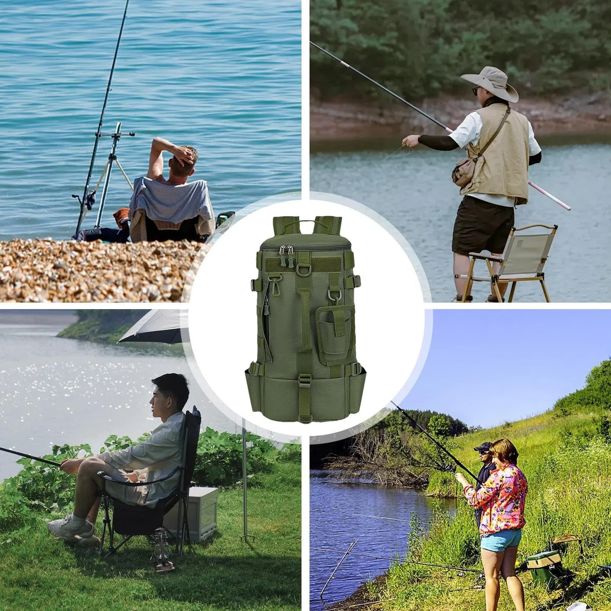 Zaino per attrezzatura da pesca, borsa portaoggetti da pesca all'aperto | con supporti per canna da pesca, borsa versatile per campeggio, escursionismo e attrezzatura da pesca, Verde militare, Siehe