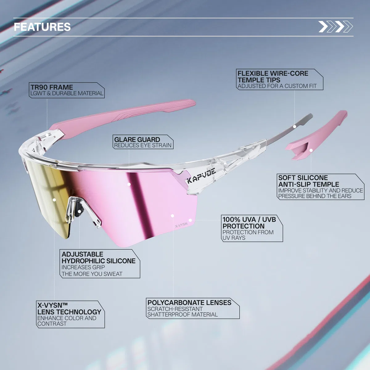 KAPVOE Occhiali da Ciclismo 2 Lenti X-VYSN UV400 Uomo Donna K198 | 2 lenti intercambiabili, alto contrasto X-VYSN, UV400, aste flessibili con anima metallica