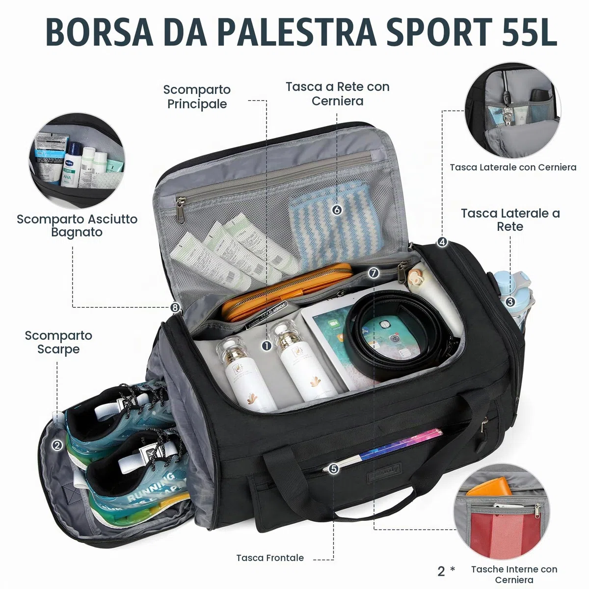 Borsone Palestra Borsa Sportiva con Tasca Bagnata e Scomparto Scarpe Impermeabile Borsone da Viaggio per Uomo Donne Grande Capacità Borsa da Palestra per Sport Viaggi Nuoto,55L